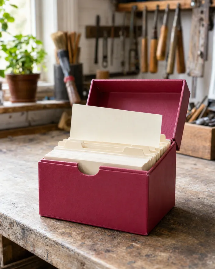 Open berry-colored index-card box with blank cards and tabbed dividers on a workshop counter