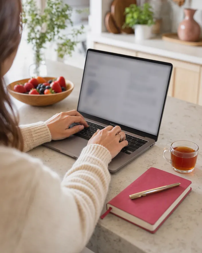 Hands typing on a laptop at a kitchen counter next to a berry-colored notebook and a cup of tea