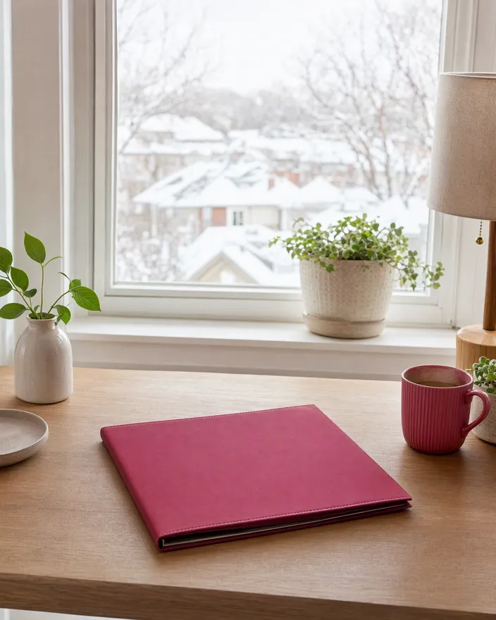 Closed berry-colored folder on a desk beside a window with snowy rooftops outside