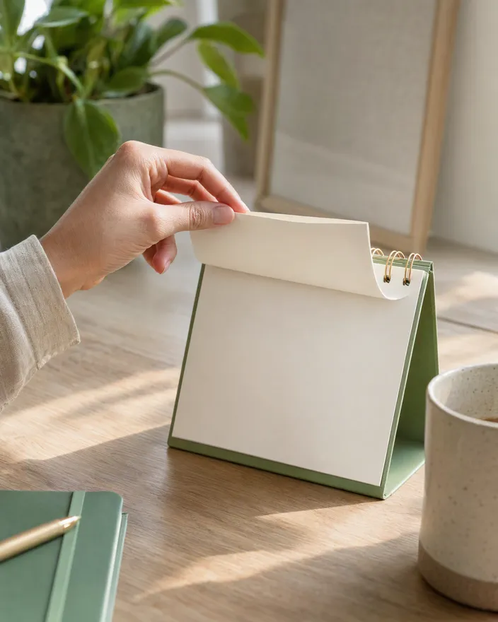 Hand turning a blank page of a sage-green desk calendar