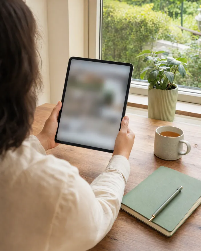 Business owner checking company details on a tablet before the report is filed