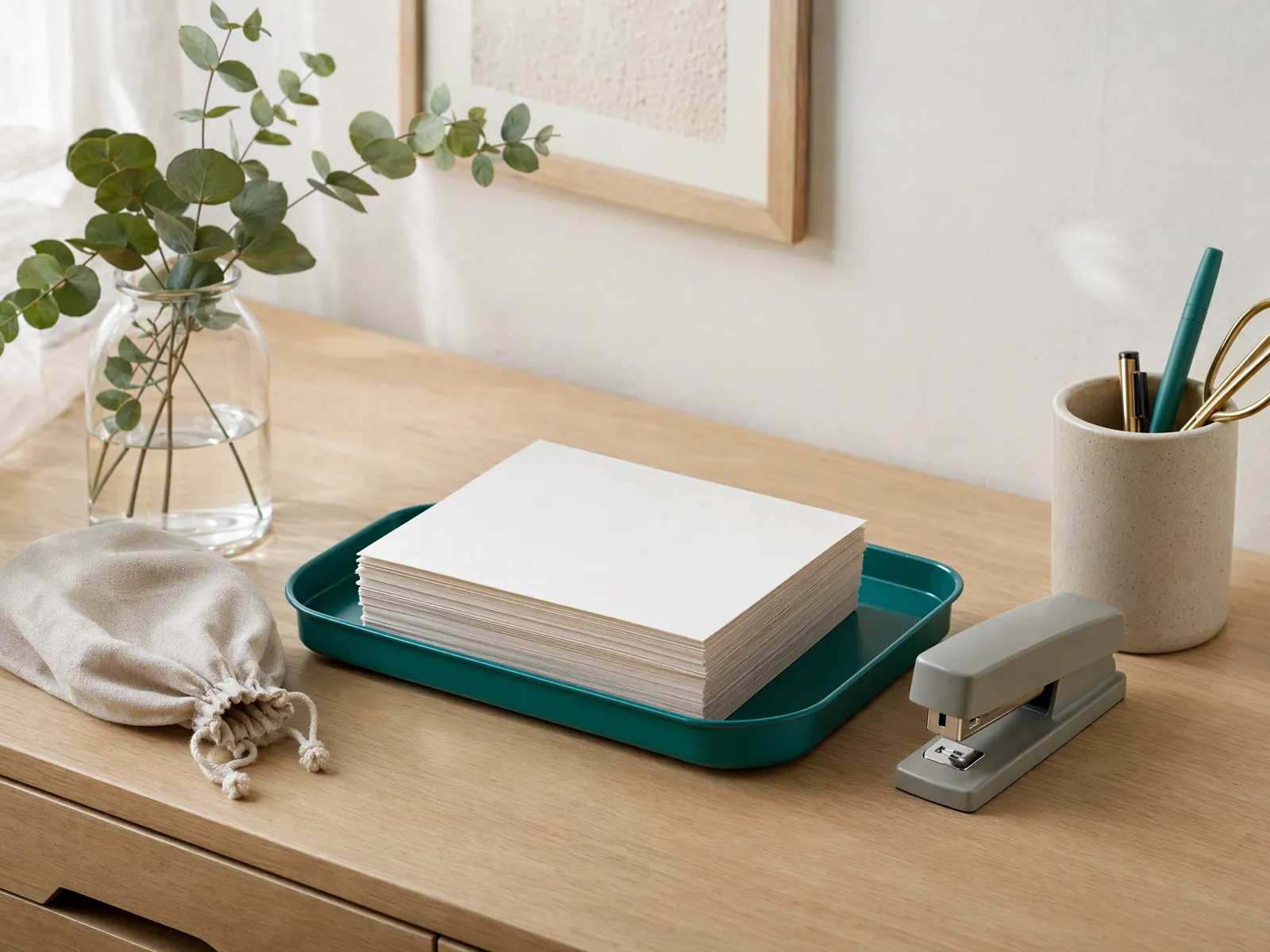 Teal enamel tray holding a neat stack of blank statements beside a stone-grey stapler on a pale oak desk