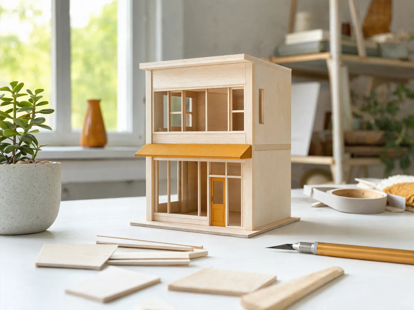 Unfinished wooden model of a small two-storey shop on a white worktable