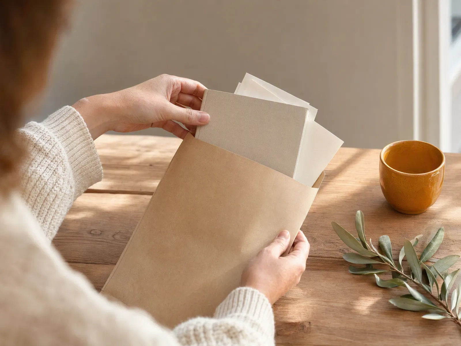 Hands sliding a plain notebook and a few blank pages into a kraft courier envelope on a wooden table, next to a small amber ceramic cup