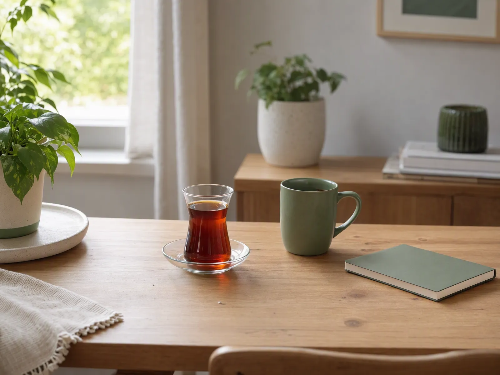 Turkish tea glass beside a sage coffee mug and a closed passport-sized notebook on a desk