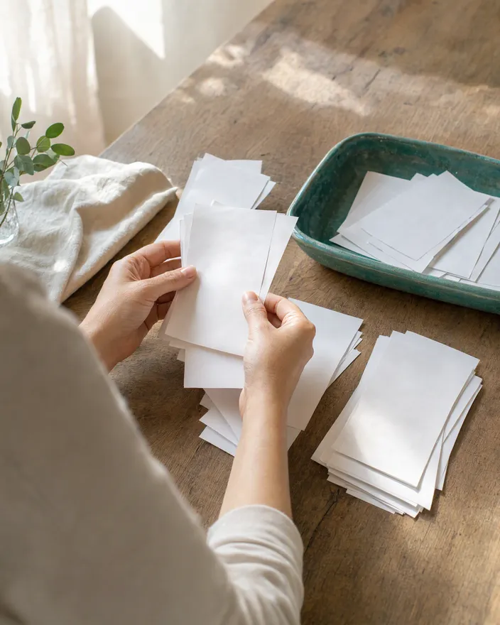 Hands sorting blank receipts into small piles beside a teal ceramic tray on a wooden table