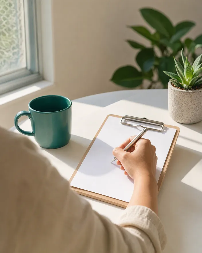 A freelancer's hand holding a pen over a blank sheet on a clipboard at a sunny desk with a teal mug