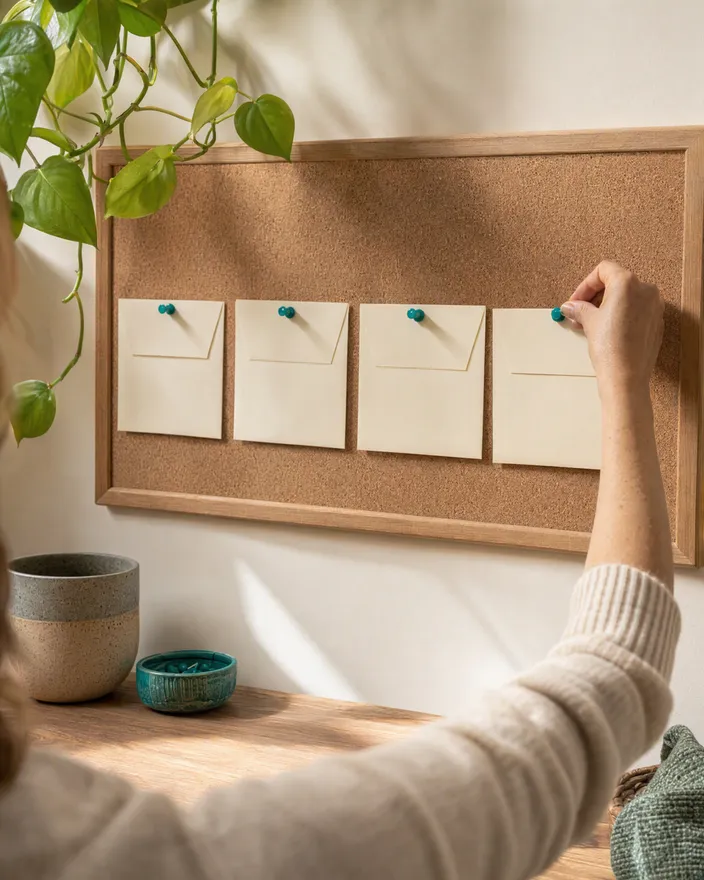 A hand pinning the last of four plain envelopes to a cork board above a desk with teal pushpins
