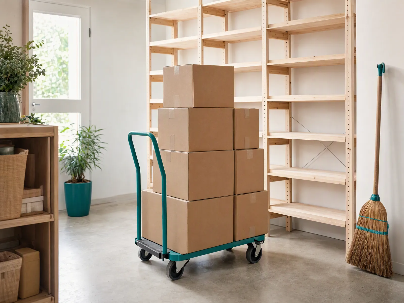 Unopened delivery boxes on a teal hand truck in the stockroom of a new shop