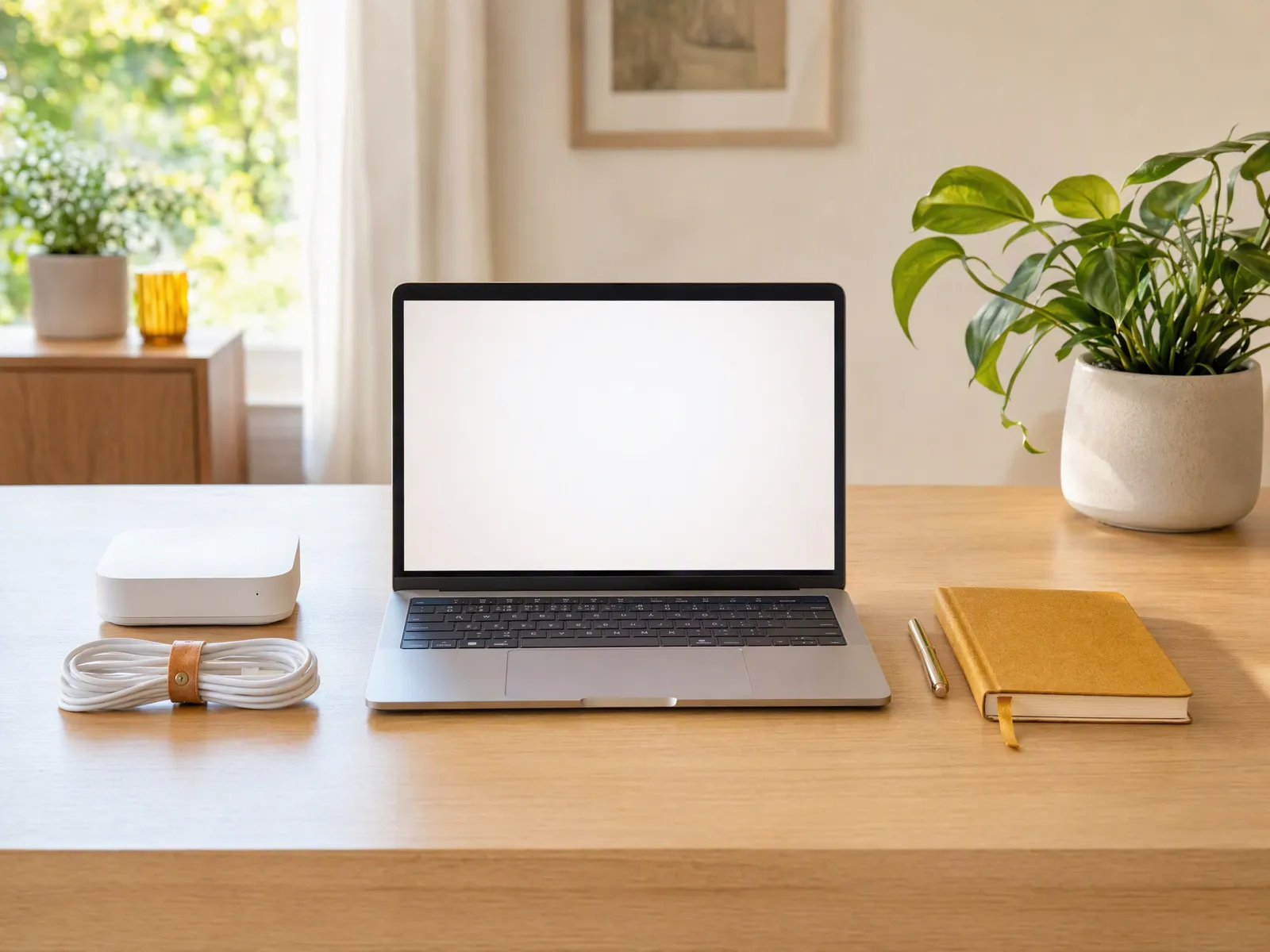New laptop with a blank screen beside a router, neatly coiled cables and an amber notebook on an oak desk