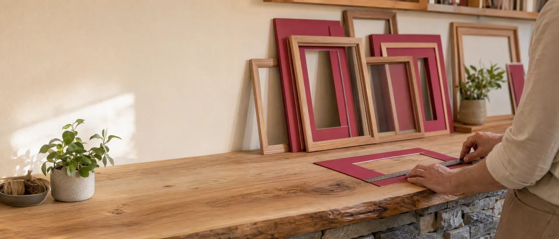 A bright framing and gift shop along a wooden counter, with empty natural-wood frames and berry-red mats on the wall and the owner out of focus measuring a mat