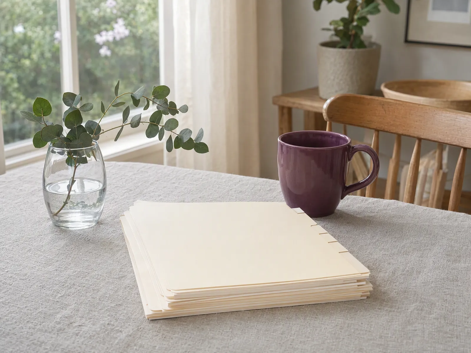 Plum mug beside a neat stack of blank cream folders on a stone-grey linen tablecloth