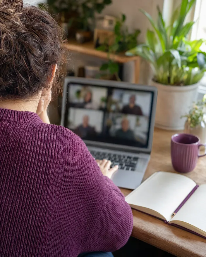 Person on a video call at a home desk, seen over the shoulder, with an open notebook