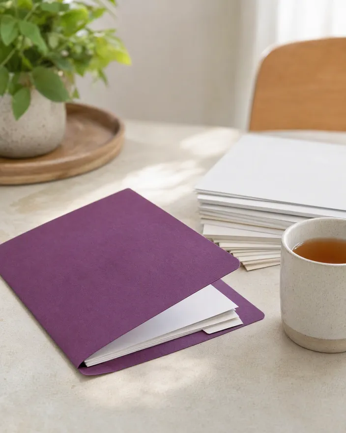 Plum folder with documents tucked inside on a cream desk