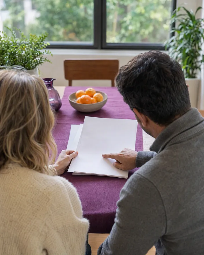 Couple at their dining table looking over printed pages together, seen from behind