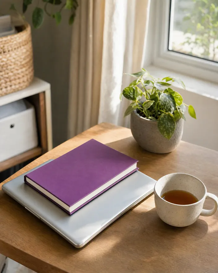 Closed laptop on a sunny desk with a plum notebook and a cup of tea